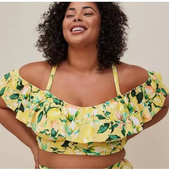Torrid Lemon Leaves Yellow Off Shoulder Ruffle Swim Top 2X NWT 16915160 - Picture 2 of 11
